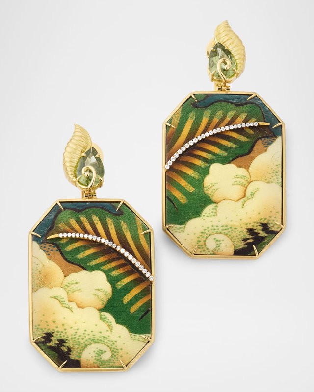 Tibetan Florest Octagonal Marquetry Earrings with Diamonds and Periodite